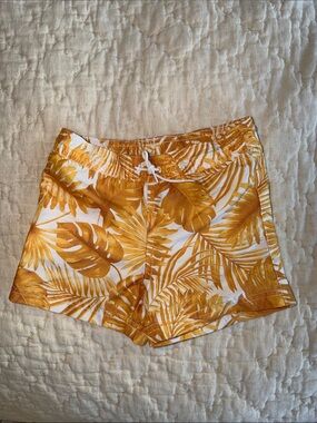 Tropical Mustard Leaf Print Drawstring Swimtrunks